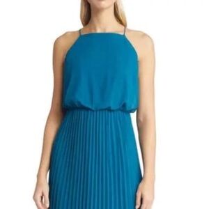 SAM EDELMAN TURQUOISE LINED BLOUSON SPAGHETTI STRAP PLEATED COCKTAIL DRESS SZ 8